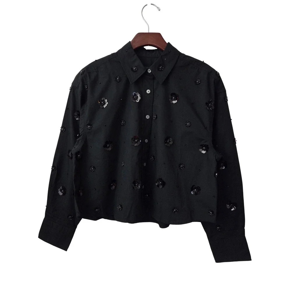 J. Crew Etienne Cropped Button Up Shirt‎ Poplin Embellished XS Black NWT CP675